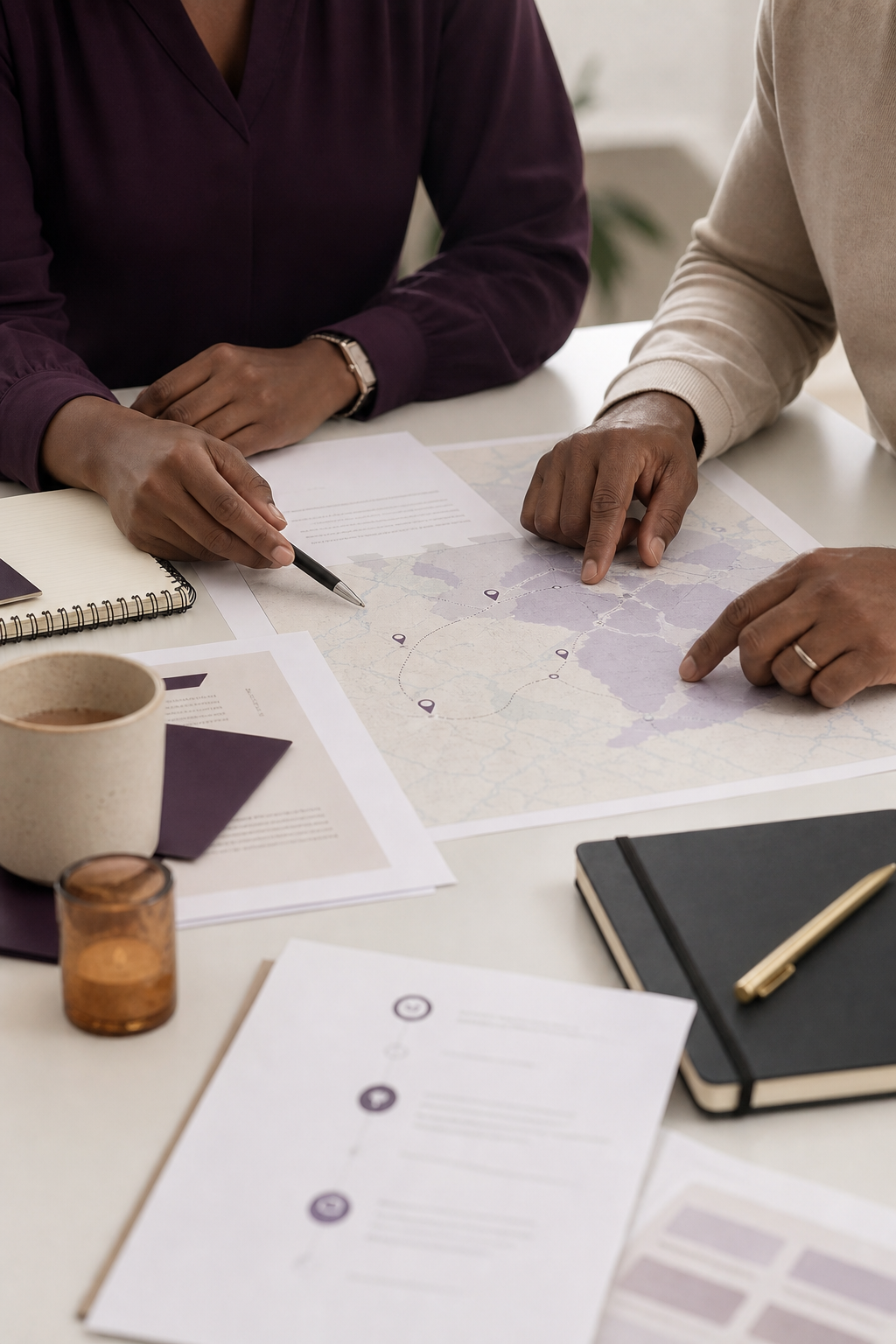 A consultant and traveller reviewing a route map and travel documents