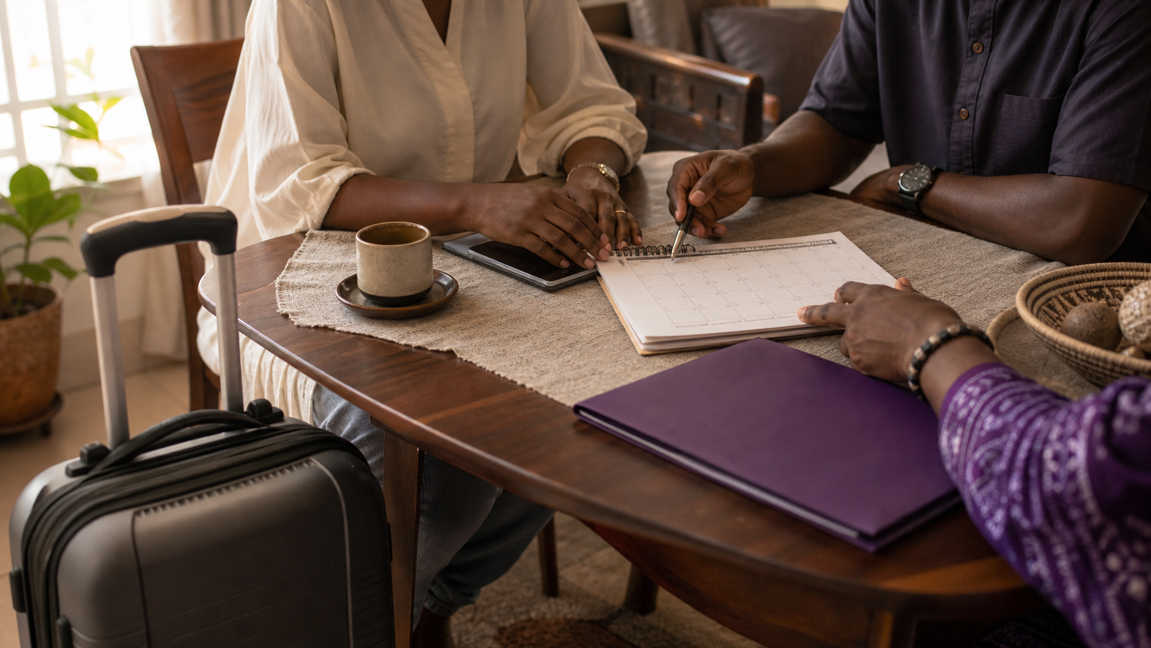 Family members coordinating a travel plan around a table