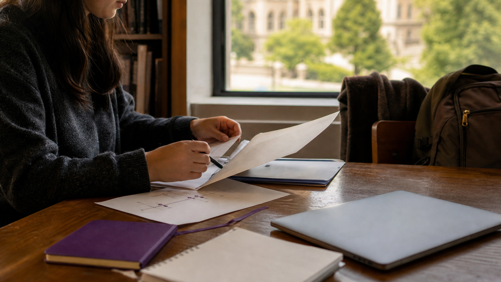A student reviewing study-abroad papers beside a window